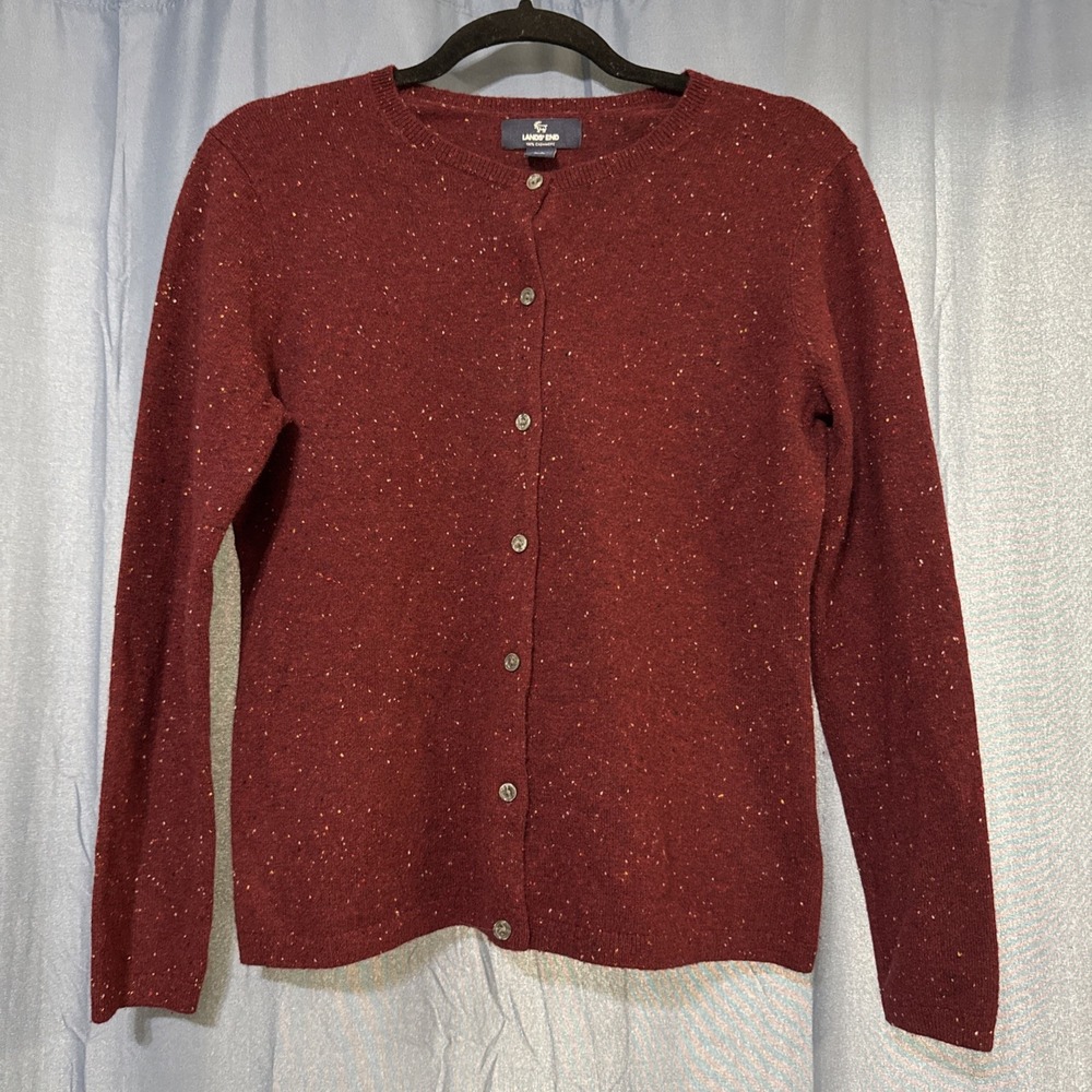 Lands' End Speckled Maroon Burgundy Button Down 100% Cashmere Sweater Preppy S